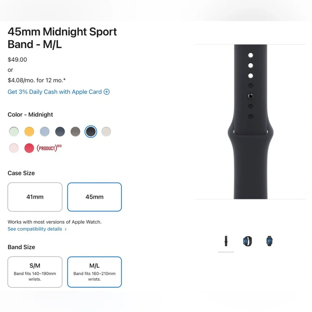 Apple Watch 45mm midnight sport band M/L. Black color. Brand new.
